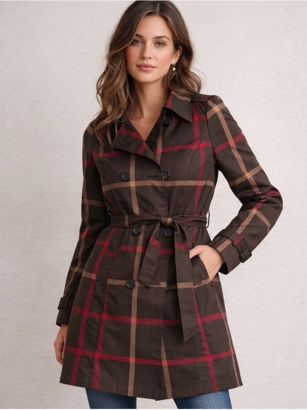 Classic Brown Plaid Trench Coat with Belt